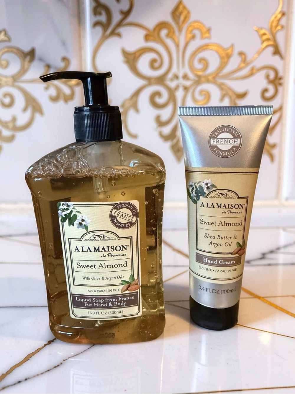 A La Maison NWT Sweet Almond Liquid Soap & Hand Cream Set in Golden Amber